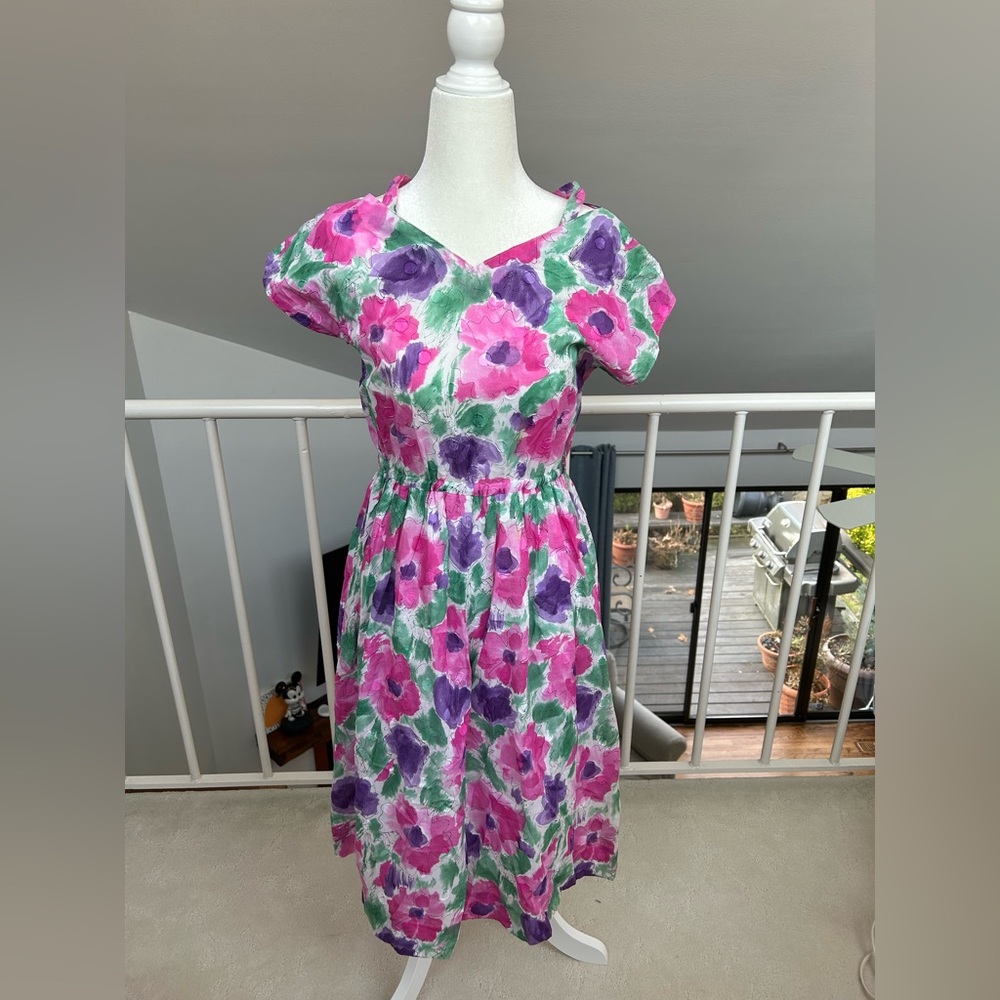 Handmade vintage 1980s floral print dress purple pink nature flowers garden